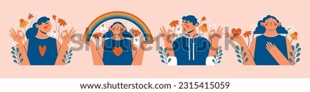 World Mental Health Day. Mental health support concept. Set of cute clip arts with women, man, okay gesture, rainbow, text, flowers, heart.  pesons, who holding rainbow and show okay gest. Flat style.