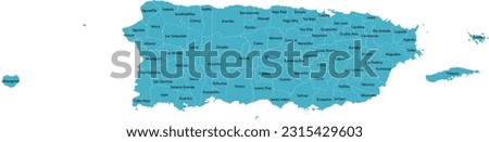 US Puerto Rico map with 78 Municipalities’ Names and Boundaries, all text in one layer could be hidden. Royalty-Free Stock Photo #2315429603