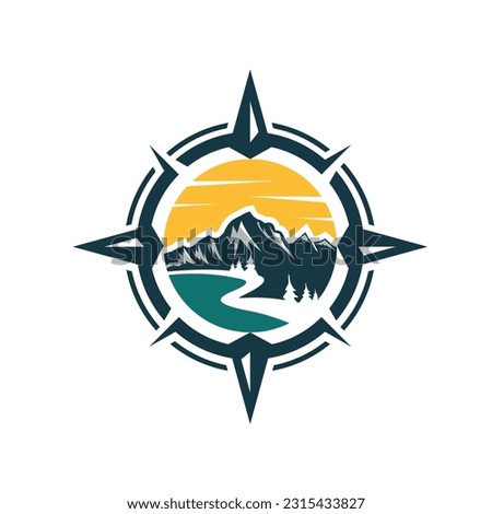hipster badge adventure outdoor logo with Compass and mountain design concept. Universal compass logo. Modern vintage retro concept