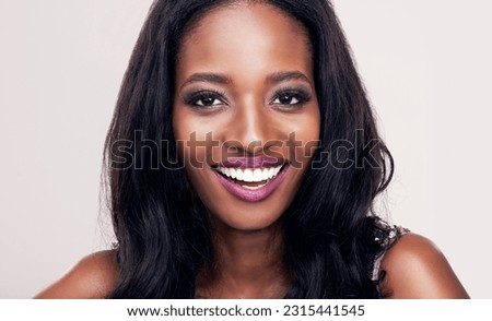 Beauty, face and smile portrait of black woman in studio for makeup, cosmetics or skincare. Happy african female model on a white background for facial care, skin glow and luxury or glamour aesthetic