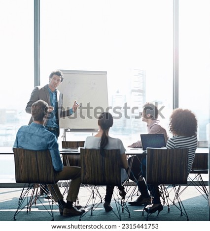 Meeting, education and whiteboard with a business man in the boardroom for training or coaching presentation. Workshop, management or leadership with a male employee teaching to his team in an office Royalty-Free Stock Photo #2315441753
