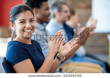 Audience portrait, group applause and happy woman, business team or staff at presentation, seminar or trade show. Smile, celebrate and row of tradeshow people clapping for speaker, speech or support Royalty-Free Stock Photo #2315441765