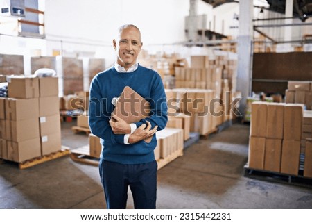 Checklist, smile and portrait of man in warehouse for cargo, storage and shipping. Distribution, ecommerce and logistics with employee in factory plant for supply chain, package or wholesale supplier Royalty-Free Stock Photo #2315442231
