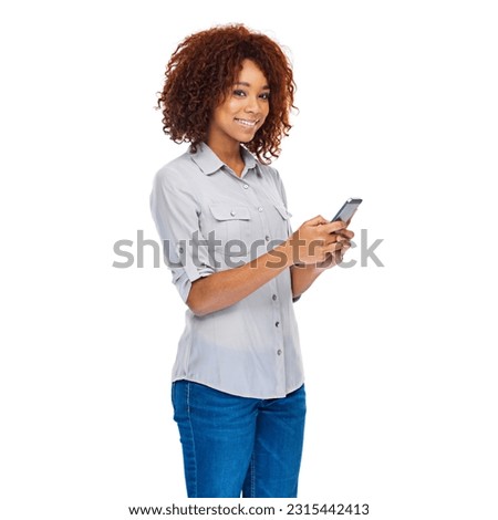 Portrait, phone and social media with a black woman in studio isolated on a white background for communication. Mobile, contact and text message with a happy young afro female typing or networking