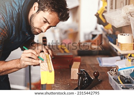Carpenter, wood and drawing with man in workshop for building, manufacturing and creative. Planning, industry and woodworker with handyman measuring on workbench for builder, lumber and maintenance