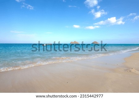 Water, beach and ocean landscape with clouds in the sky or travel to a tropical paradise, dream vacation or island holiday mockup space. Hawaii in summer, wallpaper and blue sea waves on sand