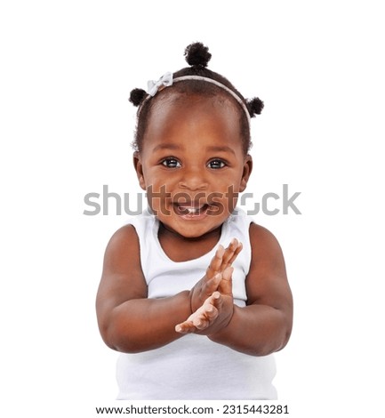Portrait, infant and baby with a smile, applause and happiness isolated against a white studio background. Face, female person and toddler clapping, cheerful and newborn excited and hands together Royalty-Free Stock Photo #2315443281