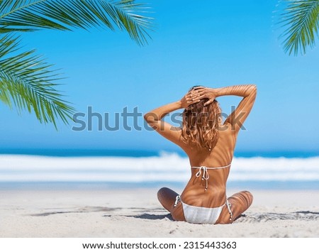 Travel, beach and back of woman on island on sand for adventure, holiday and vacation in Mauritius. Tropical mockup, ocean and female person relax in bikini by sea for tourism, traveling and getaway