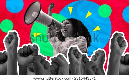 Megaphone, protest and woman voice isolated on red background for human rights, strong opinion or broadcast. Speech, fist and gen z people for power, call to action or change on digital scrapbook art Royalty-Free Stock Photo #2315443571