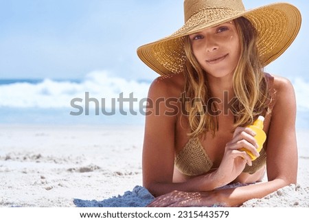 Sunscreen, skincare portrait and woman on beach for beauty, cosmetics and skin health, summer and holiday. Island, tropical and face of model or young person relax by ocean with dermatology product