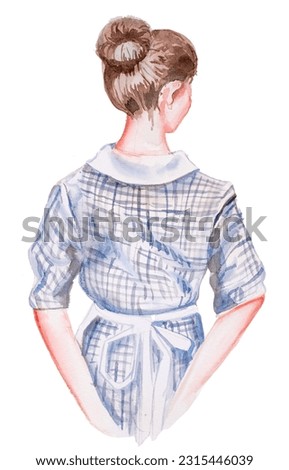 Watercolor young woman in an old fashioned dress illustration. Girl in vintage housekeeper suit painting. Isolated maid artwork.
