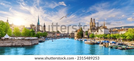 Aerial view on the downtown of Zurich at sunset, Switzerland Royalty-Free Stock Photo #2315489253