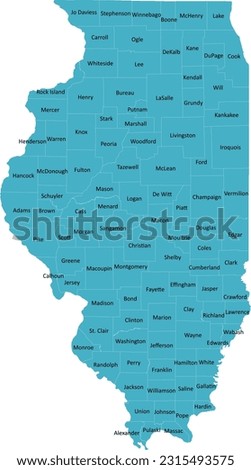 US Illinois county map with 102 Counties’ Names and Boundaries, all text in one layer could be hidden. Royalty-Free Stock Photo #2315493575