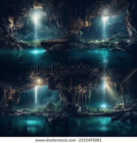 Picture of a lake inside a dark cave where the light comes out from a certain direction