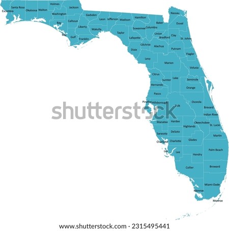 US Florida county map with 67 Counties’ Names and Boundaries, all text in one layer could be hidden.
 Royalty-Free Stock Photo #2315495441