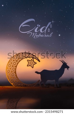 2023 Eid Al Adha concept photo, Eid Mubarak greetings poster, goat and crescent moon with night sky Royalty-Free Stock Photo #2315498271