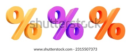 3d set signs percent discount yellow, purple, orange colors on isolated background. Vector illustration. Royalty-Free Stock Photo #2315507373