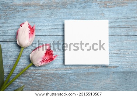 Card mockup, white blank wedding invitation with floral decor on bue wooden background. Square greeting card mockup with pink fresh flowers on table