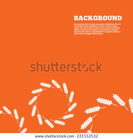 Modern design background. Agricultural sign icon. Wreath of Wheat corn. Gluten free or No gluten symbol. Orange poster with white signs. Vector