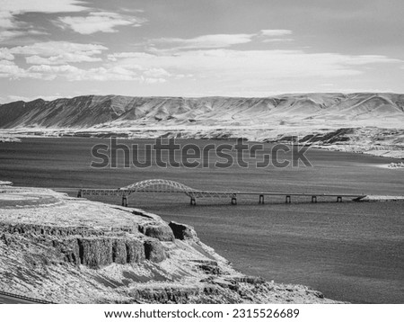 Hills, river and vantage bridge. Fall colors. View above. East Washington. Black and white photo