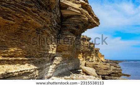 Collapsing layered shell rock coastline of Pontian limestones in the western Crimea, Black Sea Royalty-Free Stock Photo #2315538113