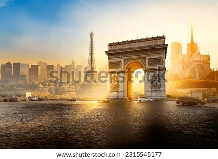 Symbols of Paris at sunset summer evening
