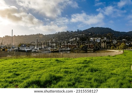 Sausalito Seaport, a city in the San Francisco Bay Area in Marin County, California. Wharf with houses on the boat on the Golden Gate Bridge of USA. Boat concept. Royalty-Free Stock Photo #2315558127