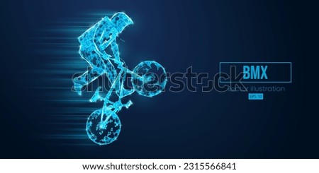 Abstract wireframe silhouette of a bmx rider from triangles and particles on blue background, man is doing a trick, isolated. Cycling sport transport. Vector illustration