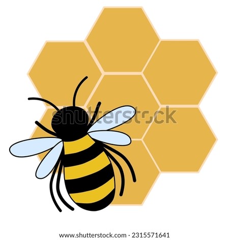 Vector drawn carttoon doddle striped honey bee on yellow hexagon honeycombs