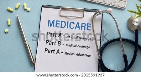 Medicare concept write on medicare form with text Medicare Part A, Part B, Paert A on Blue Table. Royalty-Free Stock Photo #2315591937