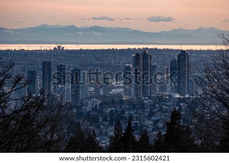 Apartment Buildings in Metro Vancouver Area. Twilight Sunset. Burnaby Mountain, BC, Canada.