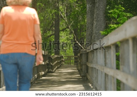 MANATEE SPRINGS STATE PARK. Chiefland, FL White middle aged woman walking away from camera on a wood boardwalk nature trail in Florida. Sunny day with green trees, Orange shirt and blue jeans.