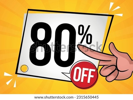 80% off - hand holding white tag with eighty percent off. Vector illustration for sales with special offers for retail. Colors: black, red, yelow and Orange