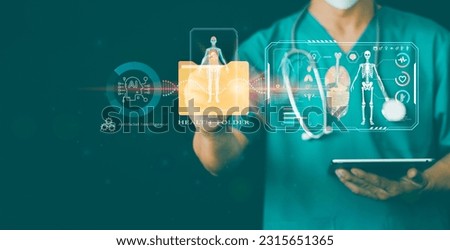 Artificial Intelligence. doctor using technology smart robot AI, Online health care, and medical doctor consultation for remote diagnosis, digital prescription, and therapy with internet and computer Royalty-Free Stock Photo #2315651365