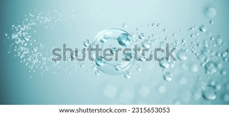 Cosmetic Essence, Liquid bubble, Molecule inside Liquid Bubble on water background, 3d rendering Royalty-Free Stock Photo #2315653053