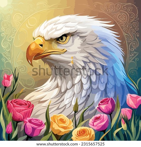 Stunning illustration of an eagle with a floral ornament. Multicolored surreal elements. close-up vector illustration