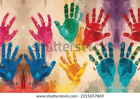 Handprint poster in flat style. Watercolor acrylic colorful kids handprints. Kids art or crafts.