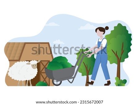 Farmer female feeding lamb and sheep by green grass vector flat illustration, Feeding Sheep icon