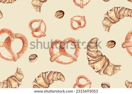 Seamless pattern of bread, croissant, bakery. Hand painted with watercolors.suitable for fabric design Wallpaper and gift wrapping paper