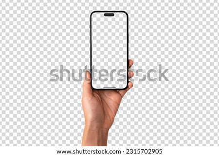 Hand holding smart phone 15 pro max Mockup and screen Transparent and Clipping Path isolated for Infographic Business web site design app Royalty-Free Stock Photo #2315702905