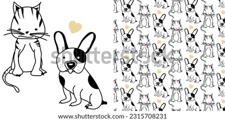 Repeating  pets pattern. Cute dog and cat background. Hand drawn flat seamless repeating pattern. Editable vector file. Can use as background, print, fashion fabric, wallpaper, wrapping paper, etc.