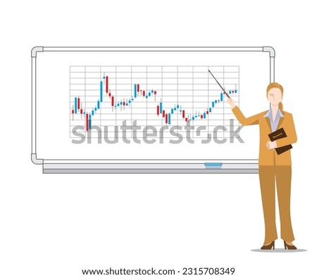 Illustration of a business woman giving a presentation in front of a whiteboard. Stock chart diagram.