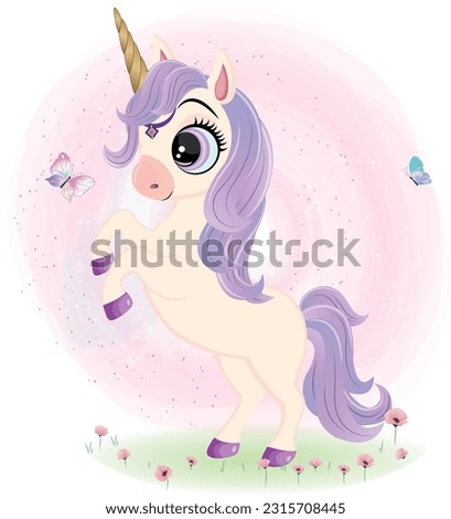 little Purple magical unicorn with butterflies