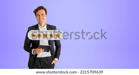 Businessman with happy look and tablet in hand, five stars bubble on empty copy space violet background. Concept of giving positive review online, client service and feedback