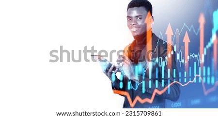 African businessman silhouette with tablet, stock market candlesticks and arrows rising, forex graph analysis and copy space white background. Concept of online trading and investment