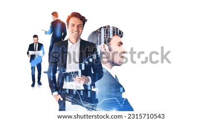 Four businessmen portraits with contract and tablet on empty white background, glowing forex diagrams, candlesticks and lines. Concept of trading and teamwork. Copy space