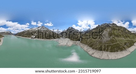 360 degrees panorama. Aerial view of Silvretta Stausee lake and Silvretta-Bielerhohe High Alpine Road in Vorarlberg, Austria.