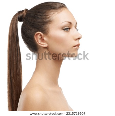 Woman, studio profile and ponytail hair care with beauty, makeup and cosmetics for wellness by white background. Isolated girl, model and hairstyle with aesthetic, youth and healthy by backdrop Royalty-Free Stock Photo #2315719509