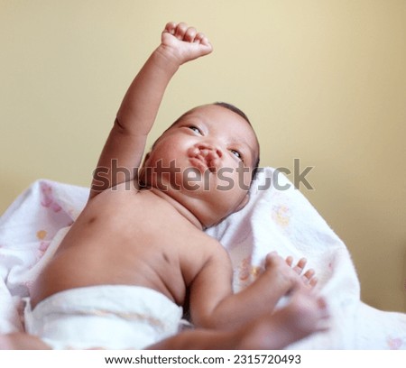 Care, cleft palate and baby with health, congenial defect and medical issue with growth, home and toddler. Kid, infant and newborn with child development, mouth and lips with surgery and stretching Royalty-Free Stock Photo #2315720493