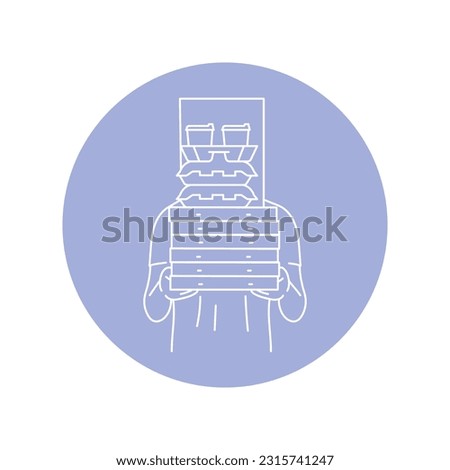 Courier with cardboard containers, takeaway food black line icon. Food delivery service. Pictogram for web page, mobile app, promo.
